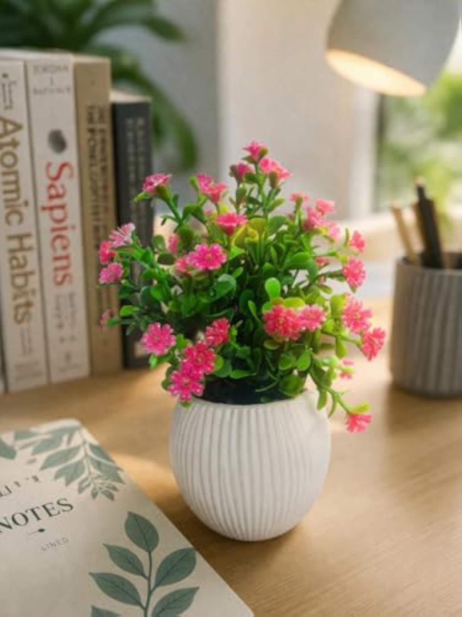 Artificial Plant with Pink Flowers in White Ribbed Pot