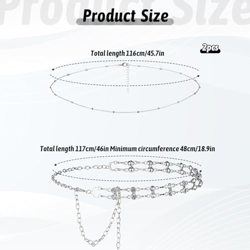 Thinp 2 Pieces Chain Belts for Women Fashion Plus Size Waist Chain Belt Women Rhinestone Chain Belt for Dress Belt Silver Waist Belt Belly Chain Skinny Waist Band for Jeans Concert Outfit(2 Styles)2