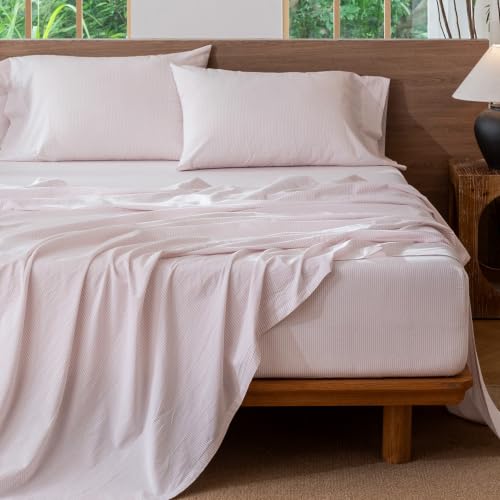 Image of MooMee Striped Sheet Set 100% Washed Cotton Linen Like Queen | Relaxed Linen-like Texture. Soft, Breathable & Lightweight Comfort. 15-19 inch Extra Deep Pocket with All-around Elastic