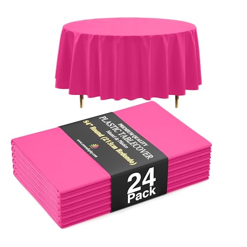 Image of Exquisite 66% Thicker Premium Cerise Round Tablecloth 0.5 Mil 24 Pack Plastic Table Cloth Disposable 84 Inch Round Plastic Tablecloth Won't Tear Easily Like Cheap Thin Brands