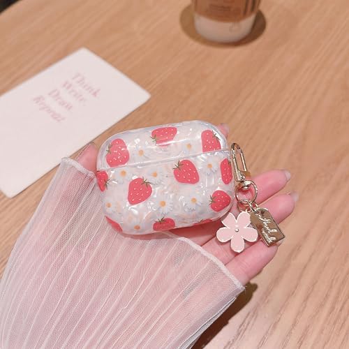 Image of MINSCOSE for Cute Glitter AirPods Pro /Pro 2 Case,Shell Pattern Girly Strawberry Design with Trendy Floral Keychain,Soft TPU Protective Cover with Cleaner Kit for Girls Women for AirPods Pro /Pro 2-Red