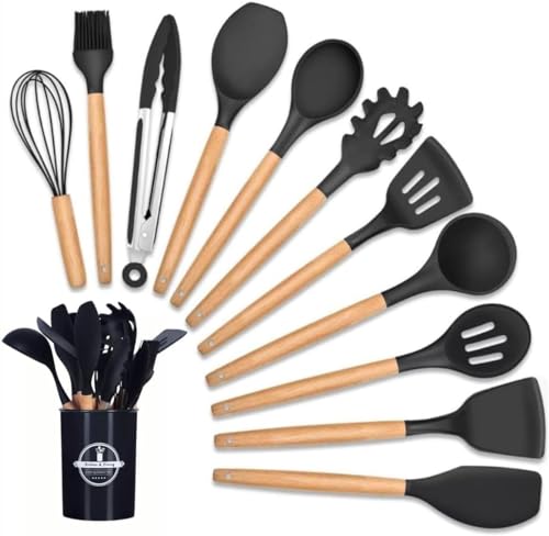 Kit 12 Peças Utensílios De Cozinha Em Silicone Antiaderentes Com Cabo De Madeira Com Suporte Colher