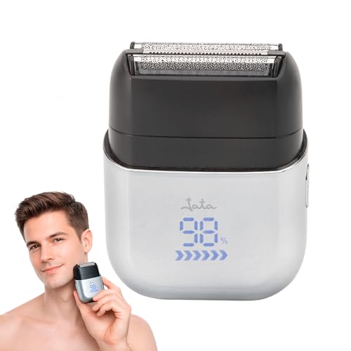 JATA JBMA1443 - Afeitadora Eléctrica de Viaje. Uso en Húmedo y Seco IPX7 con doble cabezal, pantalla LED, uso con cable o batería, 90 min autonomía, tapa magnética y accesorios. Bolsa Viaje incluida