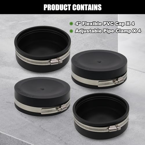 Image of 4 inch Flexible PVC Cap with Stainless Steel Clamps Black PVC Sewer Cap RV Plumbing Fittings Inner diameter 4.5 inch Suitable for 4 inch pipes (Pack of 2)