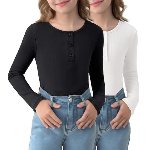 Arshiner 2 Pack Girls Long Sleeve Henley T Shirts Button Down Slim Fit Tops Round Neck Ribbed Knit Shirts