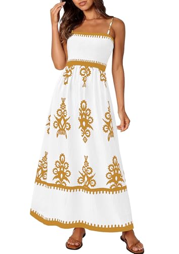 PRETTYGARDEN Summer Dress for Women 2026 Floral Sundress Spaghetti Strap Flowy Beach Vacation Boho Maxi Dresses (White Khaki Floral,Small)