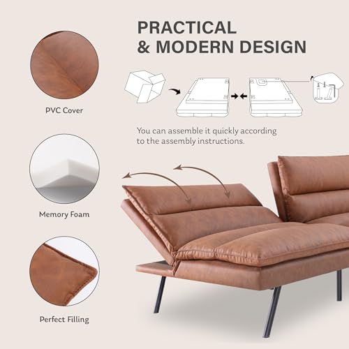 Futon Sofa Bed, Memory Foam Futon Couch with Adjustable Backrest, Multi-Functional Design Convertible Sofa Bed, Space-Saving Sleeper Sofa for Living Room(New Brown)