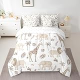 Feelyou Kids Jungle Animals Comforter Set Full Size Elephant Lion Giraffe Bedding Sets Boys Teens African Safari Animal Bed in a Bag with 2 Pillowcases,Brown
