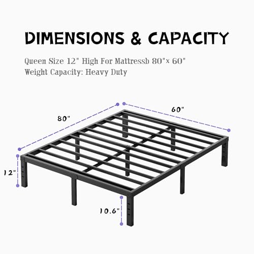 Furnitui 12 Inch High Metal Queen Bed Frame, Platform Bed Frame Queen Size No Box Spring Needed, Easy Assembly, Noise Free, Sturdy, Black - Image 2