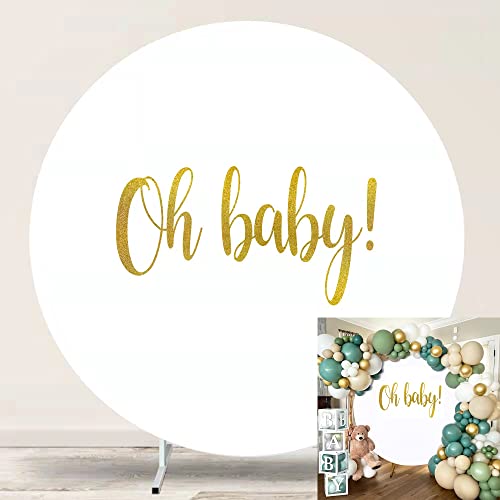 Jditngp Round Backdrop Cover Oh Baby 7.2ft,White Round Backdrop Cover Gold Oh Baby Sign for Photography Baby Shower,Birthday Party Decorations Gender Reveal Pregnancy Party Photo Studio Props