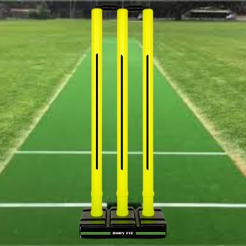 Image of Bodyfit Heavy Cricket Stumps | Plastic Wickets Set with 3 Stumps + 2 Bails + 1 Stand | Full Size Wickets for Cricket Ground, Tournament Wicket. (Yellow Black)