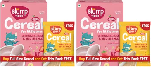 Image of Slurrp Farm No Added Sugar Instant Cereal | Ragi, Rice and Strawberry with Milk | Free Mango Cereal Trial Pack | 200g + Free 50g (Pack of 2)