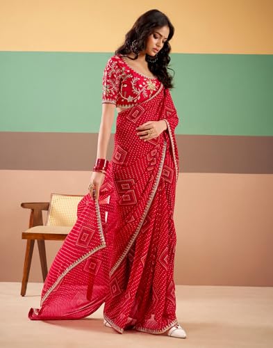 Image of SIRIL Women's Georgette Bandhani Printed, Embroidery Lace Saree With Unstitched Blouse Piece