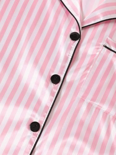 Image of Remidoo Women's Silk Satin Pajama Set Striped Button Up Pjs Short Sleeve Loungewear