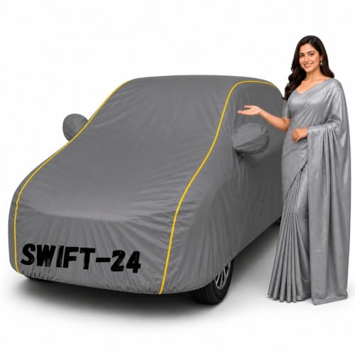 Image of Waterproof Car Body Cover for Swift 2024 All Weather Protection Comes with Inner Cotton Lining & Triple Stitched with Mirror & Antenna Pocket Belt & Elastic Fit Grey with Yellow Piping