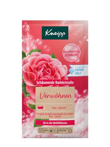 Kneipp Cristales de baño mimos, sales de baño con sal profunda y la combinación de aceite esencial natural de rosa de damasco y aceite de camelia nutritivo, espuma de ensueño de larga duración, 80 g