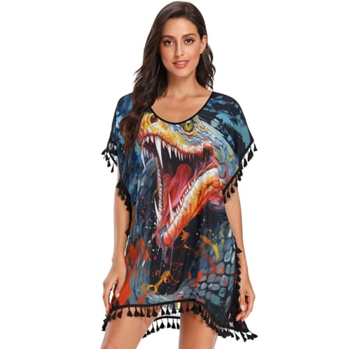 Snake Watercolor Abstract Art Women's Beach Cover Up Chiffon Tassel Swimwear Swimsuit Coverups for Girl
