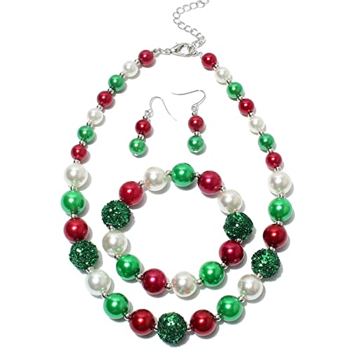 Azusa Sun 3Pcs Christmas Big Simulated Pearl Statement Necklace for Women Red Green White Earrings Bracelet Christmas Festival Holiday Jewelry Set Xmas Party Gifts - A