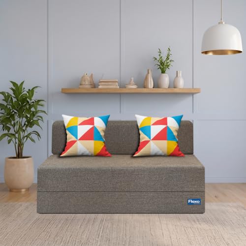 Image of Starlon 2 Seater Sofa Cum Bed Foldable 3-in-1 Sofa Bed with 1 Year Warranty, Washable Jute Fabric Cover & 2 Geometrical Pillows | Guest Bed | Coffee Brown 4x6 Ft