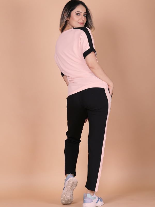 Image of DTR FASHION Polyester Blend Shoulder Stripes Tracksuit | Night Wear Suit For Women