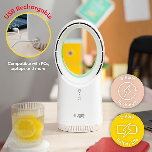 Russell Hobbs, Compact Wireless Desk Fan, USB Rechargeable, 3 Speed Settings, Bladeless Design, Ambient Lighting in White, RHBLDLUSB25