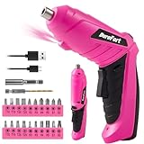 Durofort Pink Cordless Electric Screwdriver Set, 3.7V Rechargeable Small Electric Drill with 25pcs Driver Bit Set, Power 3Nm Screw Gun with 2 Position Handle, Flexible Shaft LED Light for Women