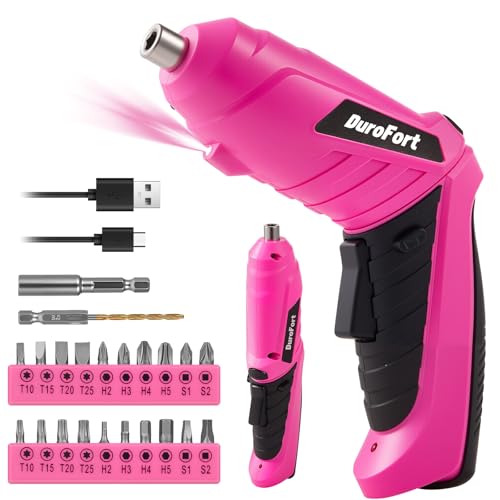 Durofort Pink Cordless Electric Screwdriver Set, 3.7V Rechargeable Small Electric