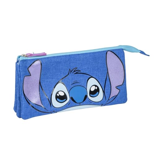 CERDÁ LIFE'S LITTLE MOMENTS Estuche de 3 Compartimentos de Stitch - Color Azul - 22,5 x 2 x 21,5 cm - Cierre de Cremallera - Versátil y Duradero - Producto Original Diseñado en España