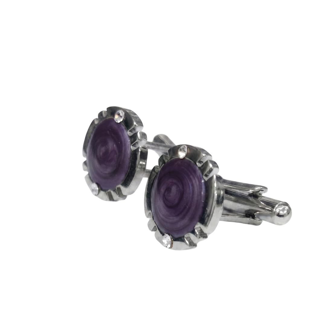 Men's Round Enamel Swirl Cufflinks – 16mm Silver-Tonl CZ Diamonds Accent Cuff Links Set.-image-42