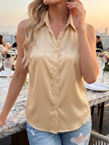 Image of Cicy Bell Womens Summer Satin Tank Tops Silky Casual Dressy V Neck Sleeveless Button Down Shirts Loose Fit Work Blouses