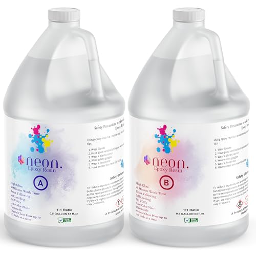 Neon Epoxy Resin 1 Gallon Kit (4kg 1:1 Ratio) Crystal Clear High Gloss Bubble-Free Self-Leveling Epoxy for Art River Tables Wood Projects & DIY Crafts