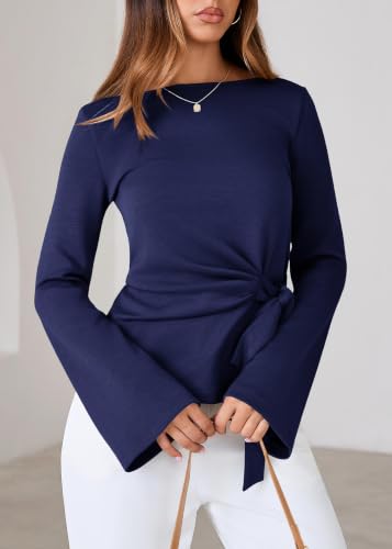 Lazysmile Womens 2026 Spring Long Sleeve Shirts Crewneck Tie Waist Crop Going Out Tops Casual Business Blouses Navy — view 5