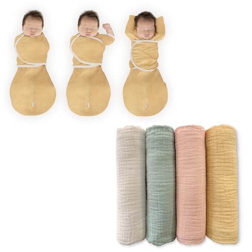 Image of SwaddleDesigns 0-3 Mo Baby Swaddle Set, Spring Garden, Cotton Muslin Swaddle Blankets 4pk and Gold, 6-Way Omni Swaddle Sack for Newborn, More Options to Calm Startle Reflex, Improves Sleep