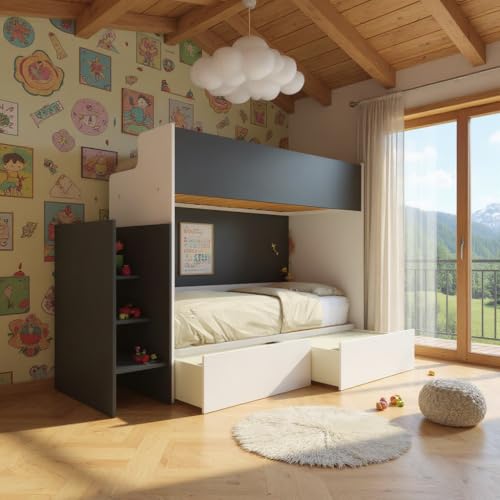 MOBILFINO CAMERETTE Litera minimalista con tercera cama extraíble, color blanco y basalto, con cajones extraíbles