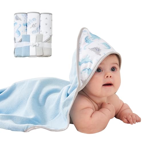 Image of Viviland Baby Towels and Baby Wash Cloths Set Hooded Baby Towels Baby Wipes Absorbent Bath Face Towels Burp Cloths or Face Towels for Girl Boy 6-Pack Size 28 x 28 Inch(Dinosaur)