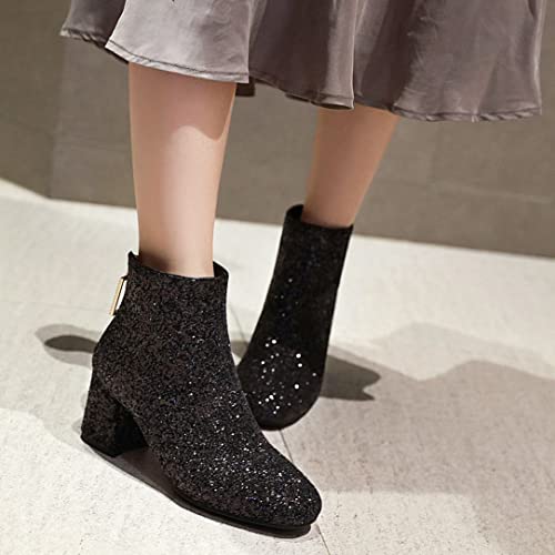 Elbslutt Women's Glitter Sparkly Booties Chunky Heels Ankle Boots Back Zipper Block Heeled Short Sequin Boots Wedding Bridal Party Dress Shoes, Size 9, Black #TOP2