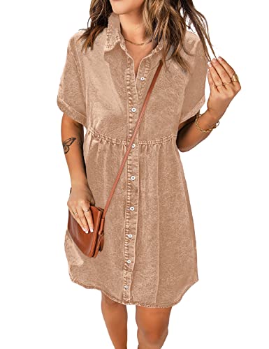 Luvamia Women's Casual Summer Babydoll Dress Short Sleeve Button Down Denim Short Shirt Dress Pecan Brown Size Medium (Size 8- Size 10) #TOP21