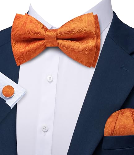 Image of Barry.Wang Paisley Striped Bow Tie for Men Silk Pre-Tied Bowtie Pocket Square Cufflinks Set Formal Wedding Party Prom
