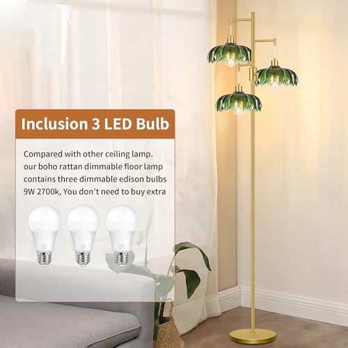 Image of Dimmable Floor Lamps for Living Room Bedroom-3 Light Gold Floor Lamp with Glass Lampshape, Flower Tall Lamp Mid Century Modern Standing Lamp Glass Tree Floor Lamps for Living Room Bedroom,Corner