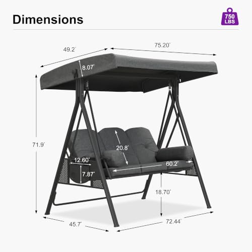 Image of PURPLE LEAF 3-Seat Porch Swing Outdoor w /Cushion & Adjustable Canopy, Gray