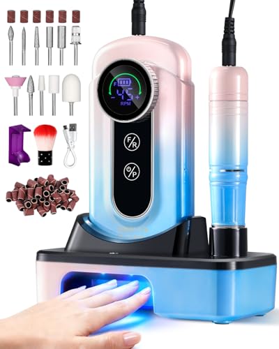 Image of Moskany Professional Electric Nail Drill Kit 45000RPM Gradient Blue Cordless Rechargeable Nail File Machine with Nail Lamp Portable Efile Nails Drill for Acrylic Gel Nails