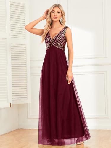 Women Sequin Maxi Formal Evening Party Dresses Glitter V Neck Empire Waist Sleeveless Tulle Wedding Guest Dress Burgundy XL2