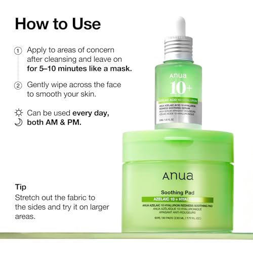Image of ANUA Azelaic Acid 10 Hyaluronic Acid Soothing Toner Pads, Hydrating Facial Mask for Redness, Pore & Blemish Care, Quick & Easy Stretchable Formula, Korean Skincare, 90 Pads