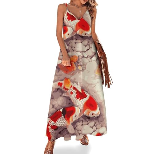 Robe longue poissons rouges pour femme : le modèle maxi sans manches idéal pour cet été