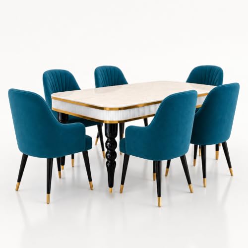 Image of 6-Seater Dining Table Set with Nano Composite Marble Top | Golden PVC Wooden Base | Includes 6 Fabric Upholstered Chairs | 2 Year Warranty | Dining Room Furniture Set for Home (Sea Blue)