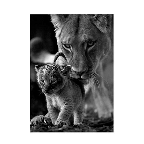 AZTeam Lionne Et Lionceau Noir Et Blanc Toile Art Peinture Affiches Et Impressions Scandinave Cuadros Mur Art Photo pour La Décoration Intérieure-60X80 Cm sans Cadre