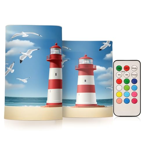 Image of Lighthouse Seagull Beach Flickering Flameless Candles LED Battery Operated with Remote Timer Pillar Candles for Home Birthday Wedding Christmas Decor, Set of 2