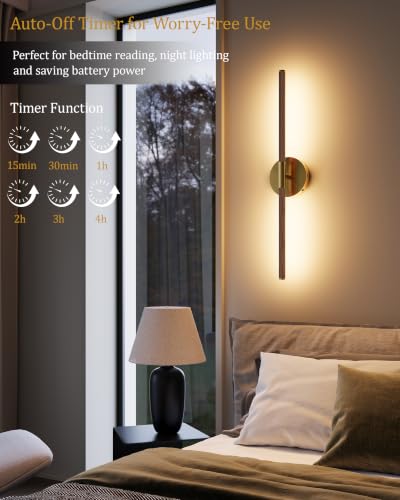 Image of 40 inch Battery Operated Wall Sconce Set of 2, 350 Rotating Lamp, Walnut Gold | Wireless, 8000mAh Rechargeable Battery, Stepless Dimming, 3000K-6000K, Remote & Touch Control, Timer, Living Room, Bedroom