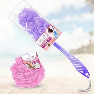 Swiss Connection Long Handle Loofah With Round Ball Loofah Family And Value Pack, Bathing Accessories, Easy To Carry, Bath Loofah for Women and Men, Multicolor (Pack of 2)
