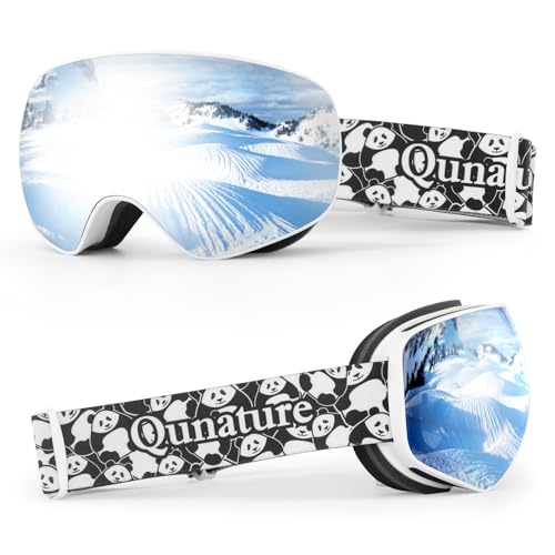Qunature Kids Ski Goggles OTG Snow Goggles Anti-Fog Spherical Dual Lens UV400 Panda Design for Boys & Girls Junior 6-14 Ski Glasses Snowboard Goggles Skiing Skating Snowmobiles